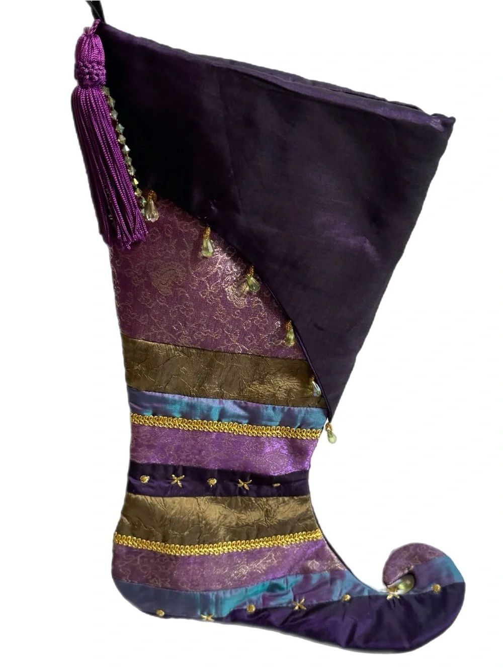 Pier 1 Purple Jester Elf Christmas Stocking Beaded Tassel Jeweled Holiday Decor